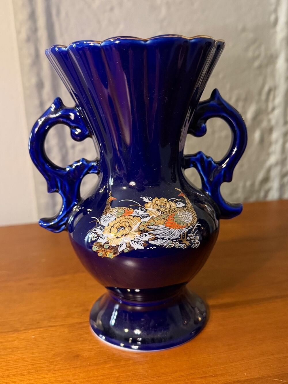 RARE Traditional Vintage Kutani Cobalt Blue Enamel Floral Vase Double Handle